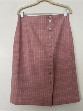 Rebecca Taylor Dusty Pink Plaid Midi Skirt with Front Buttons